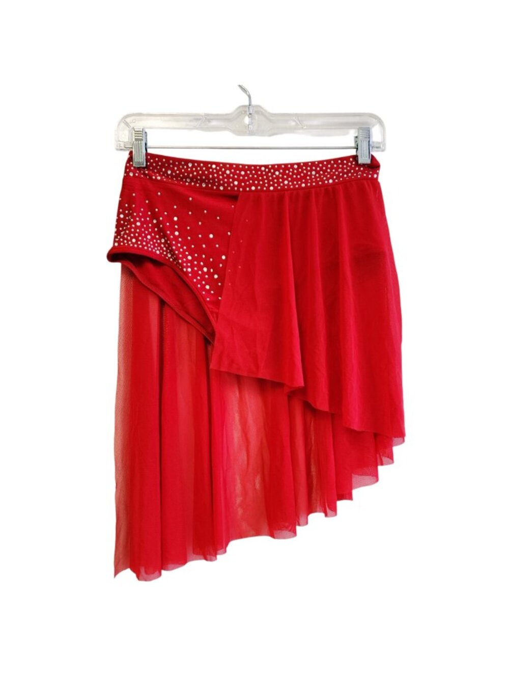 Red Asymmetrical Dance Costume Set  Rhinestones One-Shoulder Top   Skirt Size 14 - Picture 7 of 11